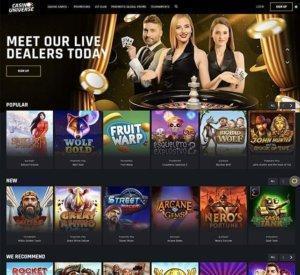 Casino Universe nettcasino lobby skjermdump